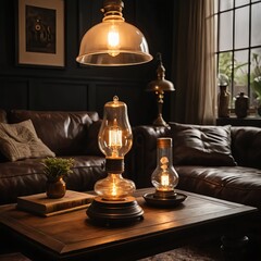 Warm Edison Bulb Table Lamps on Wooden Coffee Table in Dark Living Room