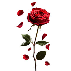 Elegant red rose with falling petals against a dark background showcase romance