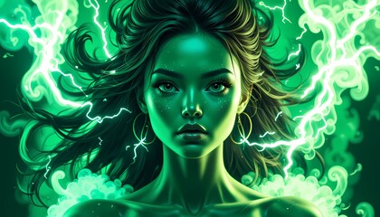 Fototapeta premium Mystical Green Energy Woman Portrait, Digital art of a woman with green energy flowing around her.