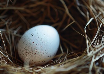 Close-up of a speckled egg nestled in a bed of straw.
