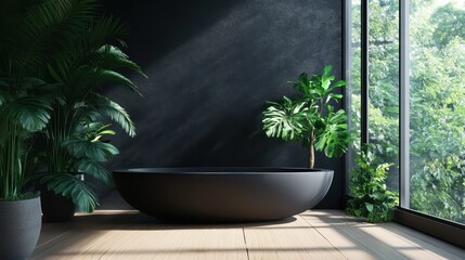 Modern black bathtub, plants, window view, tranquil bathroom
