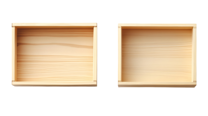 Elevated view of two empty wooden boxes on a black background for product storage