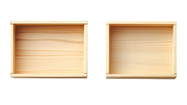 Elevated view of two empty wooden boxes on a black background for product storage
