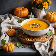 Autumn Pumpkin Soup with Seeds and Pumpkins