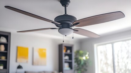 Modern ceiling fan in home living room, sunlight through window. Home decor