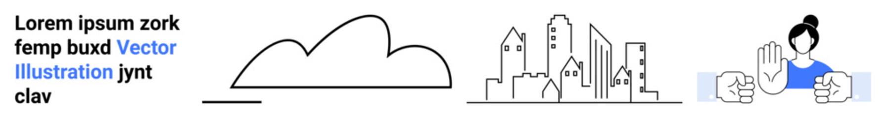 Cloud above city skyline with minimal lines, woman signaling stop, and placeholder text. Ideal for urban planning, sustainability, safety, diversity, collaboration, innovation simple landing page
