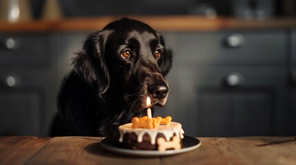 Adorable dog with birthday cake from bone cookies and pate decorated with candle