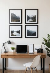 Modern Home Office Workspace with Mountain Landscape Prints