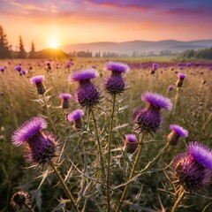 Fototapeta premium Thistle Flowers at Sunset