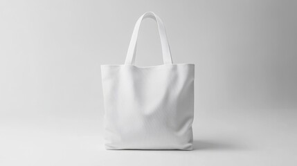 White tote bag on soft grey background, showcasing minimalist design with subtle shadows.
