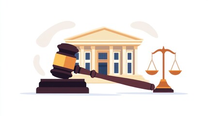 Fototapeta premium Court gavel, scales of justice, courthouse background, legal proceedings illustration