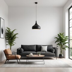 Modern Living Room Interior Design with Black Leather Sofa