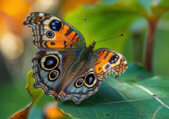 Obraz premium Vibrant butterfly on a green leaf in natural light.