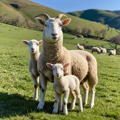 Mother Sheep with Two Lambs in Green Pasture
