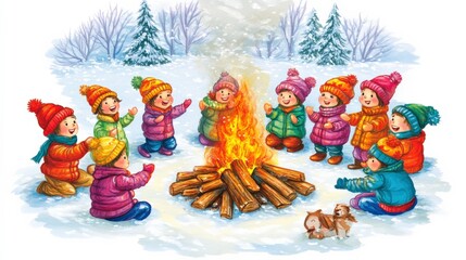 Fototapeta premium Cheerful Winter Evenings with Friends Around a Fire