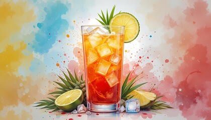 Refreshing Summer Cocktail, Iced summer cocktail with lime and pineapple.