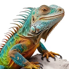Fototapeta premium Vibrant Green and Orange Iguana on Rock
