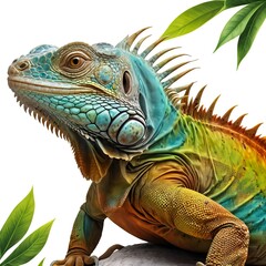 Fototapeta premium Vibrant Green Iguana with Tropical Leaves