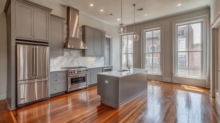 Modern kitchen in renovated historic building, hardwood floors, city view
