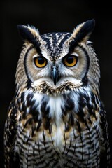 arafed owl with yellow eyes and black feathers standing in front of a dark background