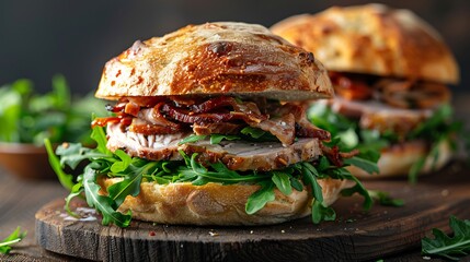 Italian porchetta sandwich arugula and focaccia bread full sandwich visible clean background
