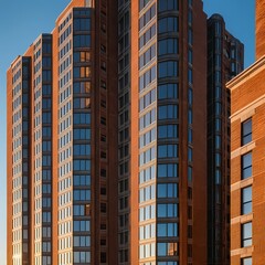 Fototapeta premium Modern Brick and Glass High-Rise Buildings at Sunset