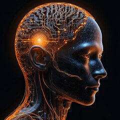 Obraz premium Artificial Intelligence, Cyborg Head, Futuristic Technology