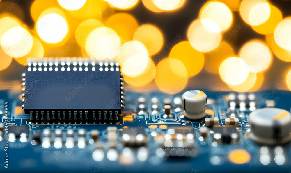 Poster close-up of a microchip on a circuit board with a bokeh background of warm yellow lights, representi