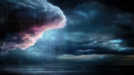 Dramatic Cloudscape Over Serene Ocean with Digital Elements at Dusk