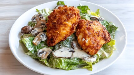 Crispy Fried Chicken Salad with Mushrooms and Creamy Dressing