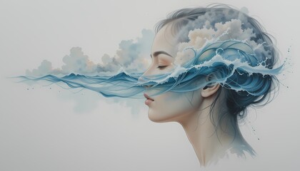 Ocean Mind, Surreal Woman with Waves, Surreal art of a woman merging with ocean waves.