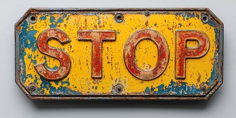 A weathered stop sign with faded colors, indicating a traffic control message.