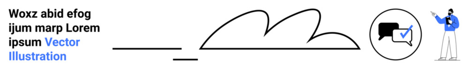 Person gesturing next to a speech bubble with a checkmark and minimal abstract cloud shapes. Ideal for communication, collaboration, teamwork, brainstorming, messaging, education, simple landing page