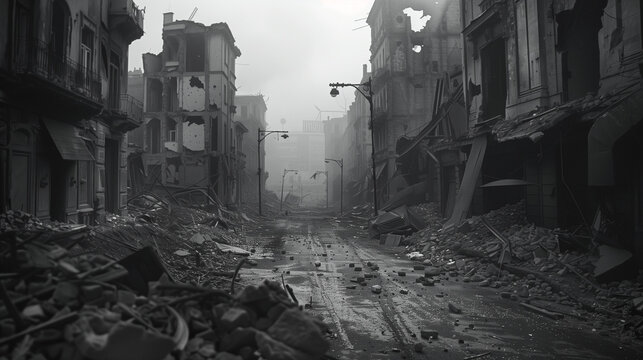 Fototapeta  Historic black and white photo of war-damaged streets surrounded by ruins