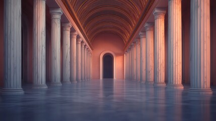 Elegant Interior of a Grand Hallway Featuring Majestic Columns and Soft Ambient Lighting
