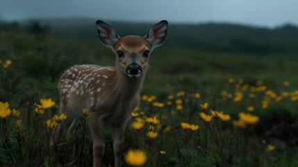 Fototapeta premium Fawn amidst wildflowers in a misty landscape