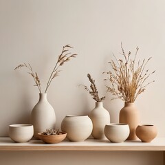Minimalist Home Decor Beige and Cream Pottery with Dried Flowers