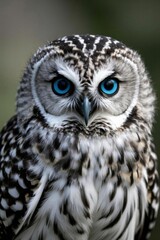 there is a close up of a owl with blue eyes