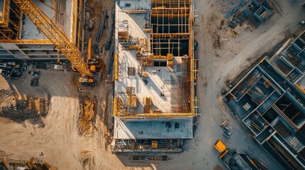 Aerial view of construction site, cranes, and buildings under development
