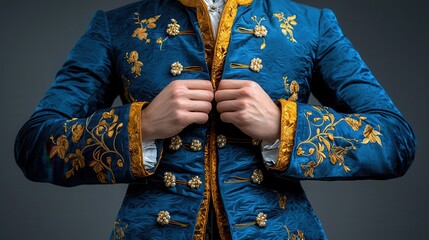 Fototapeta premium Elegant Blue Jacket with Intricate Gold Embroidery in a Fashionable Portrait Setting