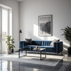 Modern Living Room Interior with Blue Velvet Sofa and Stylish Decor