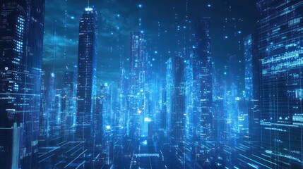 Futuristic city skyline with digital network