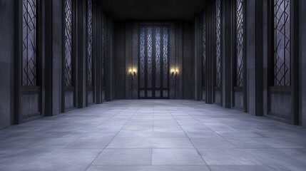 Obraz premium Majestic empty hall with high ceilings, large windows, and soft ambient lighting casting shadows