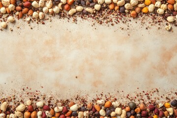 Fototapeta premium Assorted nuts and seeds border on beige background; food blog, recipe