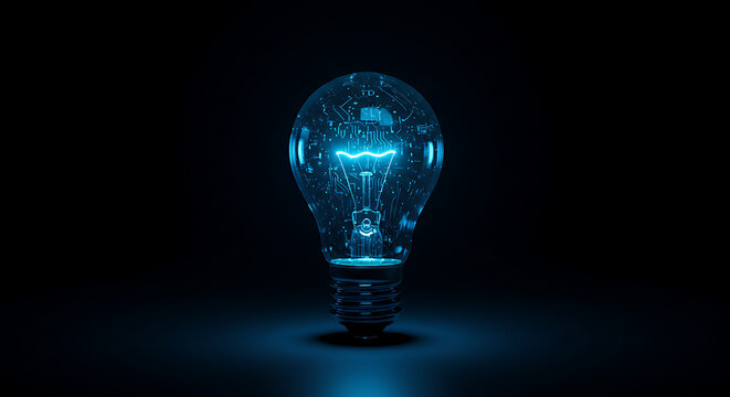 Glowing blue light bulb on black background representing innovation and creativity