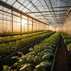 Sunset in Greenhouse with Rows of Growing Plants