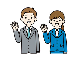 笑顔で手を振る、男女の会社員のシンプルなベクターイラスト素材＿カラー