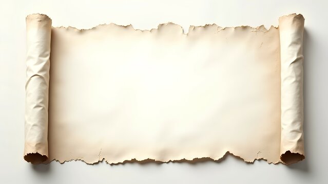 An aged, rolled parchment scroll with frayed edges, set against a plain background, evoking a sense of history and ancient writings.