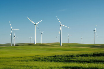 Fototapeta premium Wind Turbines on Green Hills Under Blue Sky