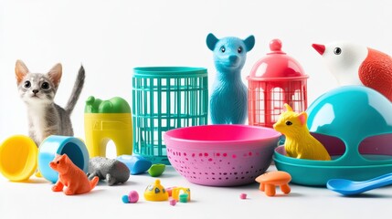 Obraz premium Playful Retro Pet Supplies on White Background